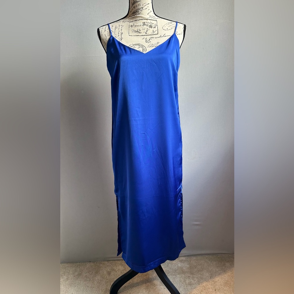 NWT Shinestar Royal Blue Satin Beautiful Slip Dress with double slits. Size S